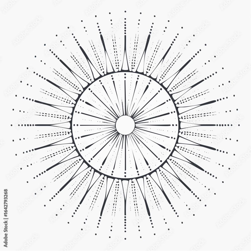 Poster a clean vector depiction of a stylized virus particle with abstract radial symmetry, in a minimal ar
