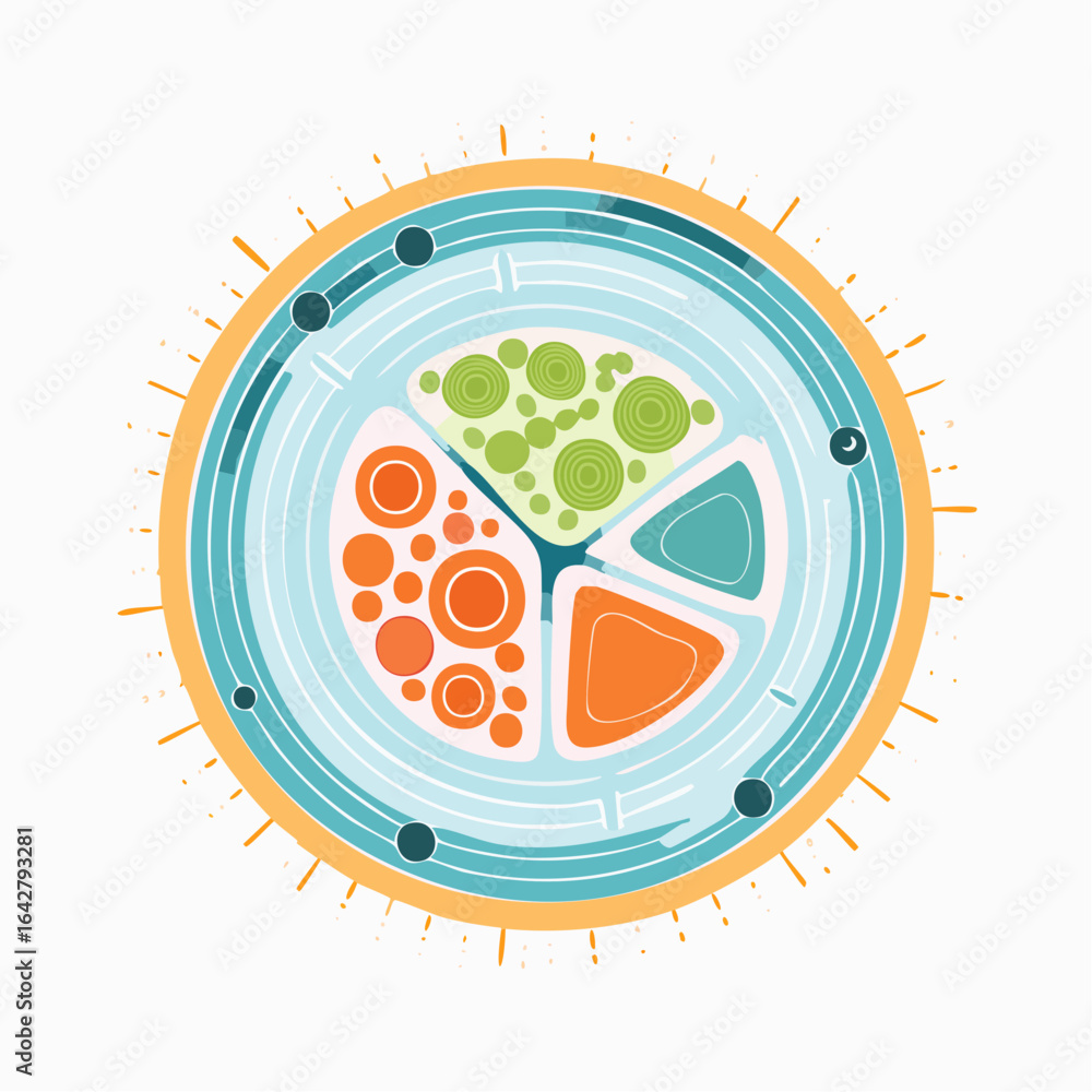 Poster a clean vector depiction of a stylized virus particle with abstract radial symmetry, in a minimal ar