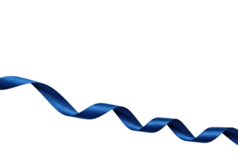 Deep blue silk ribbon elegantly twisting into abstract shapes on a transparent background with soft studio light, flat lay, high-key, concept of luxury and sophistication