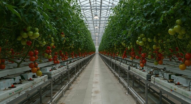 Tomatoes ripening in modern greenhouse rows. Clean lighting, symmetrical depth. Sustainable agriculture and healthy food concept. Grocery retail, eco farming services, diet programs