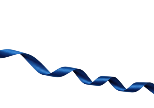 Deep blue silk ribbon elegantly twisting into abstract shapes on a transparent background with soft studio light, flat lay, high-key, concept of luxury and sophistication