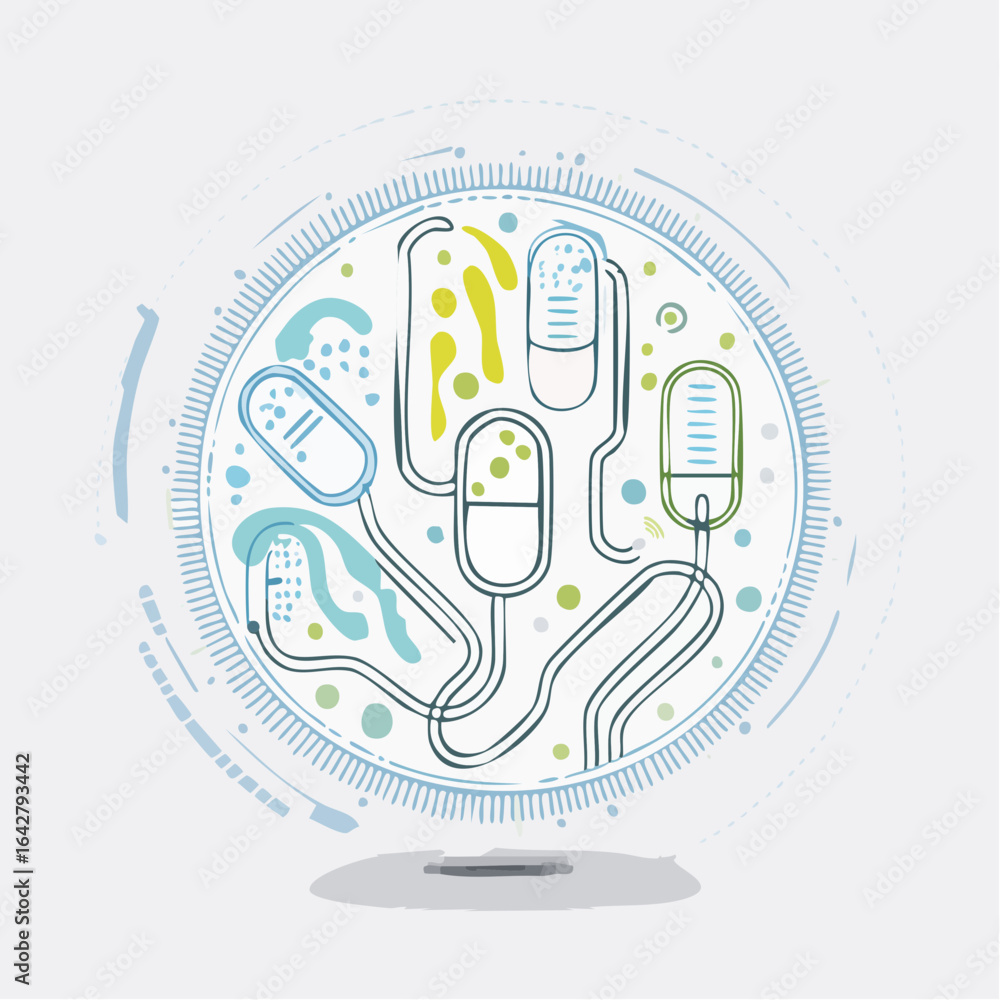 Aufkleber an abstract minimalist vector of bacteria chains with capsule forms in a clean, artistic style.