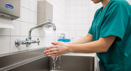 Healthcare workers hands meticulously washing with soap under a chrome faucet showcasing lather and water droplets.