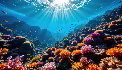 Fototapeta premium Vibrant Coral Reef with Tropical Fish and Sunlight