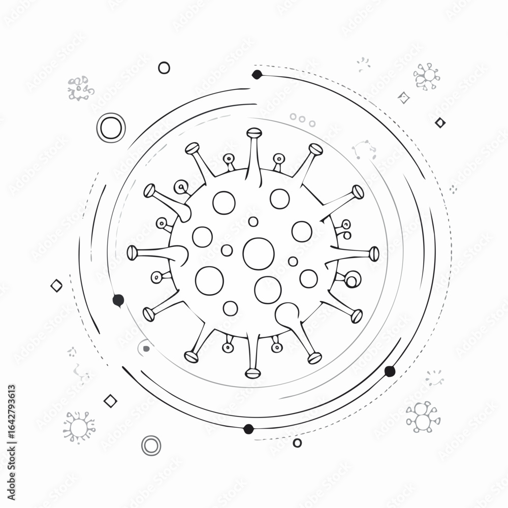 Poster a minimal vector of an imagined virus mutation, using asymmetric geometric and organic forms.