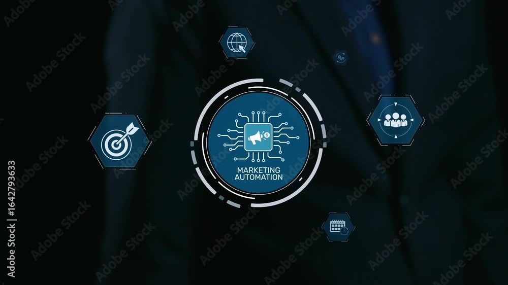 Poster marketing automation diagram showcase ai-driven campaign workflow, highlight marketing automation, d