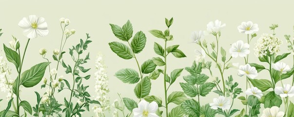 Seamless vector illustration of green herbs like peppermint and white flowers, designed on a soft green background for a soothing and organic look, Generative AI