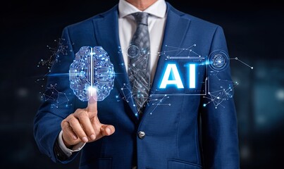 Businessman interacting with AI holographic brain