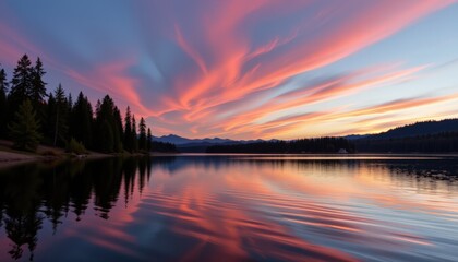 Fototapeta premium Serene Sunset Lake with Colorful Reflections