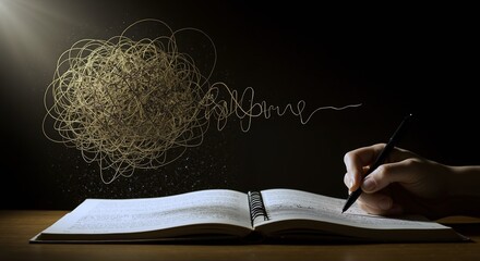 Hand writing in notebook with messy scribble cloud turning into clear line in air. Moody concept style. Idea, learning and productivity concept. Education materials, coaching promos, therapy visuals