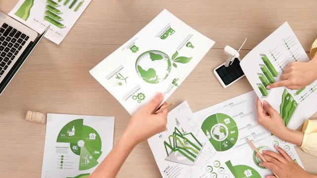 Excellent business team discussing on eco house project at meeting table with windmill design model and green power usage graph for decreasing carbon footprint, save earth. Focus on hand. Delineation.