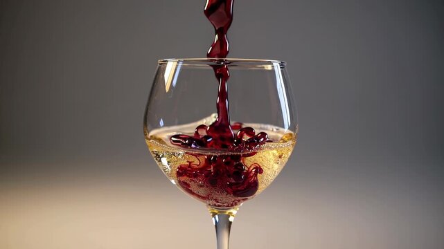 Crimson and alabaster wines swirling, blending dynamically inside transparent glassware, generating mesmerizing gradient patterns against neutral gray studio backdrop