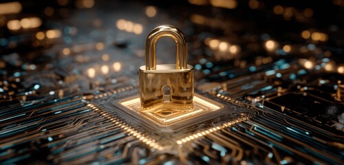 Golden padlock on a circuit board