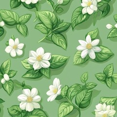 Seamless vector illustration of green herbs like peppermint and white flowers arranged on a baby green background, symbolizing freshness and natural beauty, Generative AI