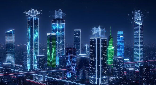 A futuristic city skyline at night, where towering skyscrapers glow with vibrant blue and green digital energy and holographic displays.