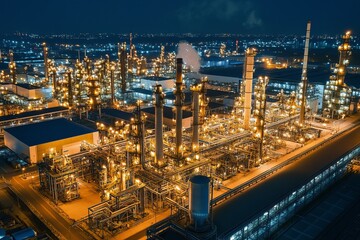 Fototapeta premium Aerial view of a large industrial complex at night, illuminated by lights from numerous structures