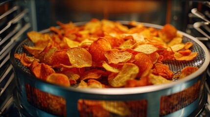 Medium shot capturing the rotating drum inside a microwave vacuum fryer as vibrant vegetable chips slowly cook emphasizing the lowoil drying process with blurred background.