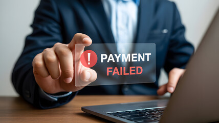 Business professional frustrated by payment failure notification on digital screen