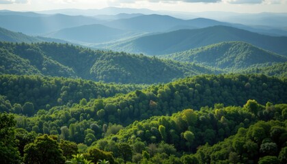 Fototapeta premium Lush Tropical Rainforest Canopy with Sunlight and Mist