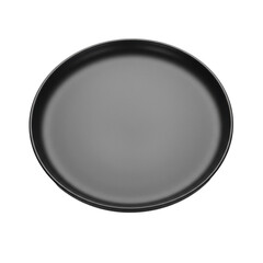 Empty, round, matte black ceramic plate with a smooth, non-reflective finish, isolated on a transparent high-key studio background, clean product concept