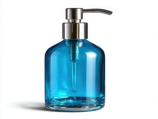 Blue glass soap dispenser with chrome pump isolated on white background