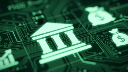 Fintech innovation concept with glowing financial icons like a bank, money bags, and growth chart on a digital circuit board background. - Powered by Adobe