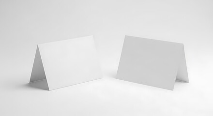 Two blank white table tent cards for events, isolated on white background