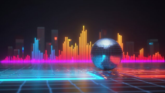 Disco ball in futuristic city, vibrant colors
