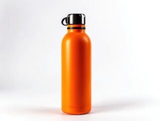 Fototapeta premium Bright orange reusable water bottle with black cap isolated on white background