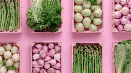 Fresh vegetables arranged in pink wooden crates.