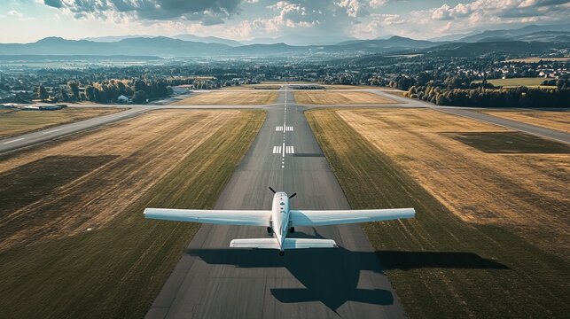 Aerial view of a small plane taxiing on a runway, surrounded by rural landscape