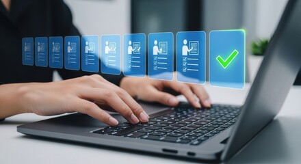 Hands typing on laptop with digital interface showing progress and approval