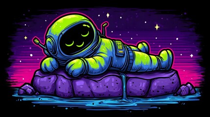 A sleeping astronaut rests on a rock by a stream in space.