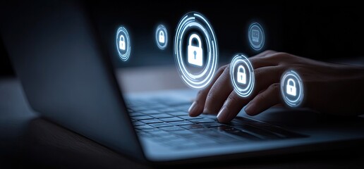 Laptop keyboard with security lock icons overlay