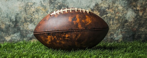 Brown vintage American football on green grass, set against an artificial stadium turf background, capturing the essence of classic sports aesthetics, Generative AI