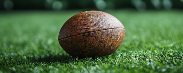 Brown vintage American football on green grass, set against an artificial stadium turf background, capturing the essence of classic sports aesthetics, Generative AI