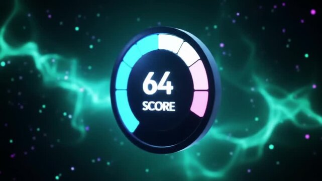 Digital performance score meter with a sixty-four value on a futuristic circular user interface. Abstract technology background.