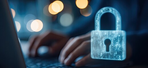 Hands on laptop, digital lock