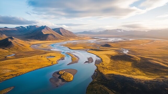 Aerial view of a winding river flowing through a golden landscape, mountains in the background