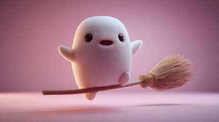 Fluffy ghost character riding a broom.