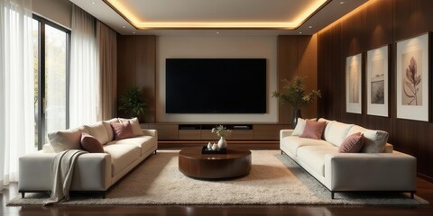 Fototapeta premium Modern Minimalist Living Room Interior Design with Neutral Color Palette and Elegant Furnishings