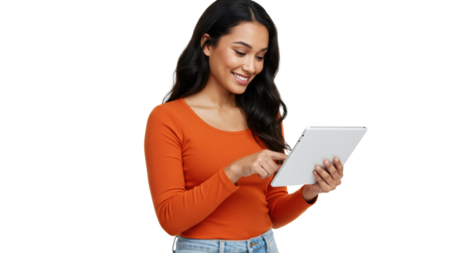 Young mixed-race woman in orange top and jeans, smiling, touching white tablet in bright studio, white background, concept of positive user experience with technology