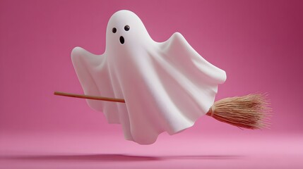 White ghost on a broom against a pink background.