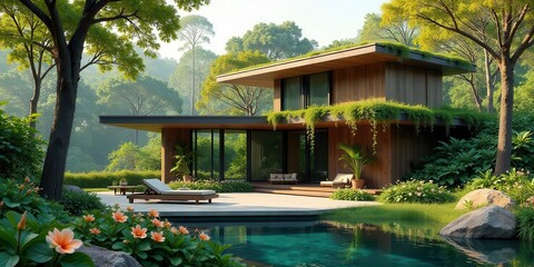 Obraz premium Modern Eco-Friendly House with Lush Greenery and Infinity Pool A Serene Retreat