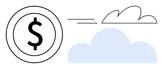 Dollar coin with motion lines converging towards minimal clouds, signifying digital economy, online transactions, cloud computing, fintech, technology integration, global trading, and futuristic