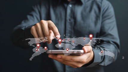 Man interacts with global map data on smartphone, visualizing worldwide connections