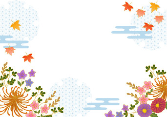 和風 秋草と紅葉ベクターフレーム背景 透過 水色 Japanese style autumn grass and autumn leaves vector frame background transparent sky blue