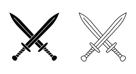 Two Crossed Swords Silhouette and Outline Medieval Weaponry Vector Illustration