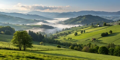 Naklejka premium Rolling hills in misty morning: Capture the serenity of nature, as rolling hills unfold under a misty sky in soft sunlight.