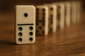 Single domino leading a receding line of tiles on warm wood
